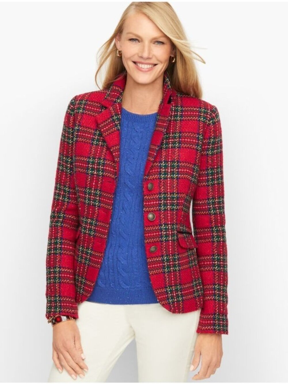 Talbots Plaid Red Holiday Wool Blend Christmas Blazer Jacket Small 4 P Petite